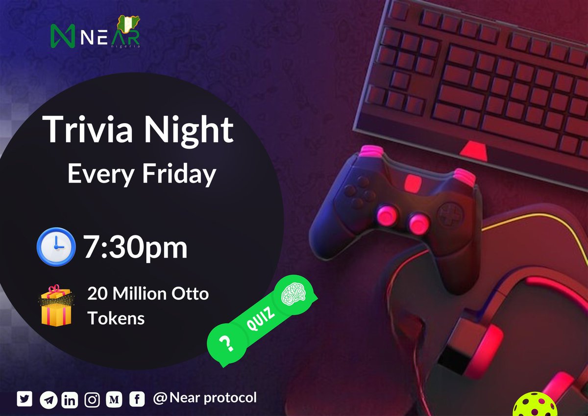 🍿NEAR Nigeria is back with its exciting weekly Trivia Night schedule to hold every Friday of the week. It’s gonna be an exiting moment together with NEAR community, join and grab from 20 Million $OTTO games reward💰 🎯Venue: #NearSocial social.near.page/u/near-nigeria… ⏰ 7:30 PM