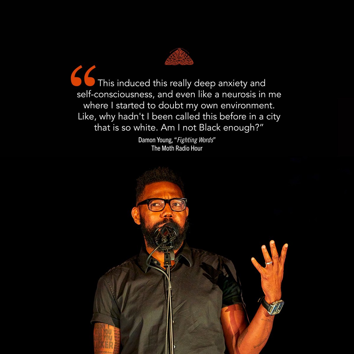 On this week's #MothRadioHour, Damon Young (@VerySmartBros) questions his sense of self based on the power of a racial slur. Listen to Damon's story and more stories of shifting perspectives, new outlooks, & realizations that shake our foundations here: bit.ly/4cLgcyE