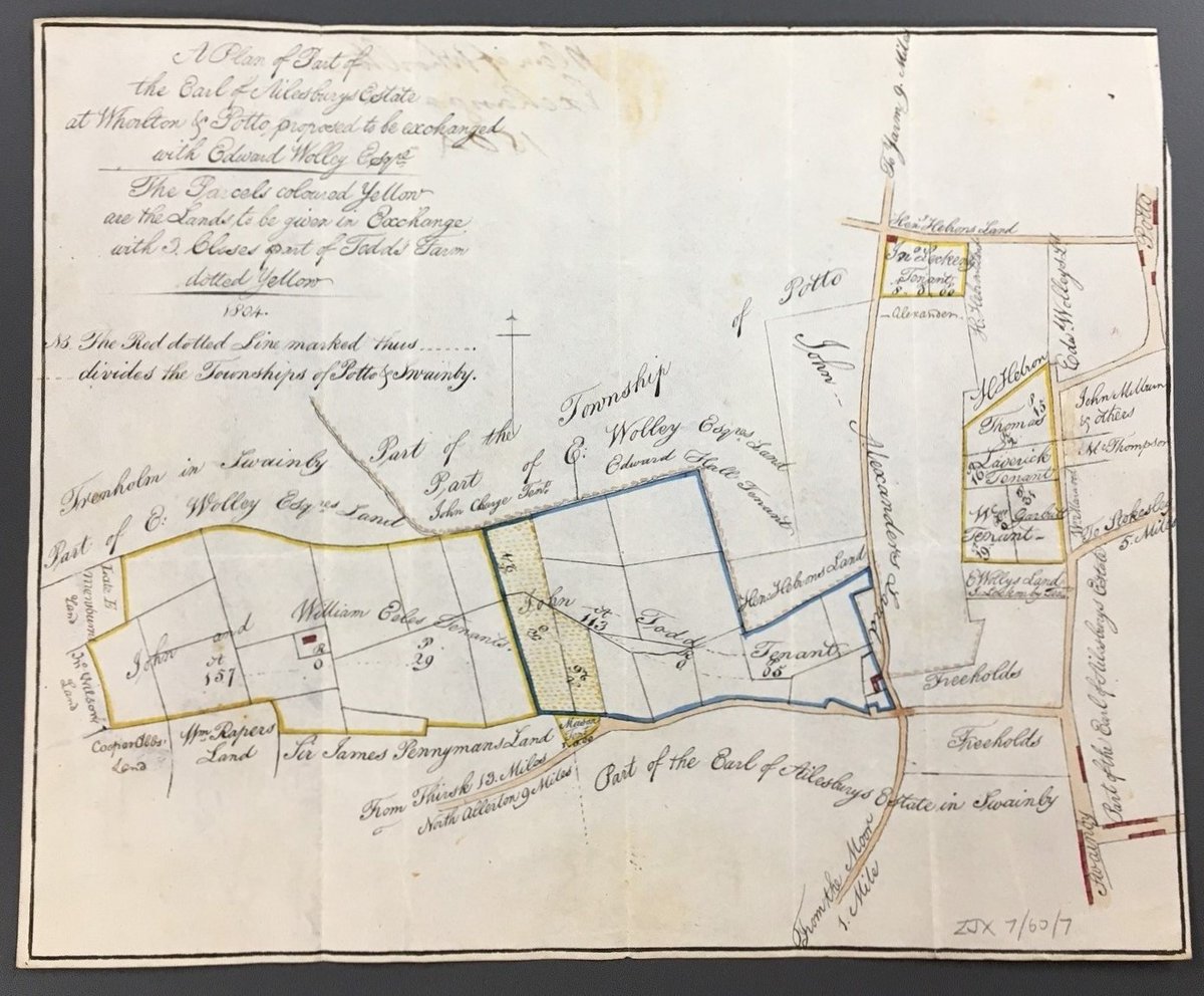 The maps we hold here vary hugely in size and shape! This tiny detailed plan of the Lord Ailesbury's lands at #Whorlton & #Potto (1804), to be exchanged with Edward Wolley, measures just 18.5 x 23cm #MapMonday