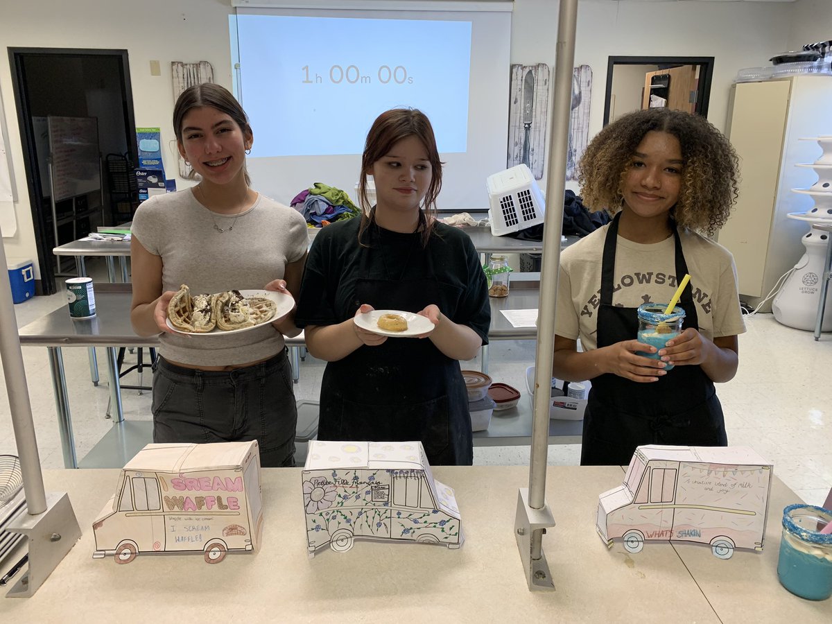 3 weeks of food trucks in Culinary! Week 1- Name, truck design, and menu Week 2- Pricing and Business Plan Pitch to judges Week 3- Top 3 pitches get to cook/make their item in the flavor competition! 5th period trucks- What’s Shakin’, Petite Fille Francais, and I Scream Waffle