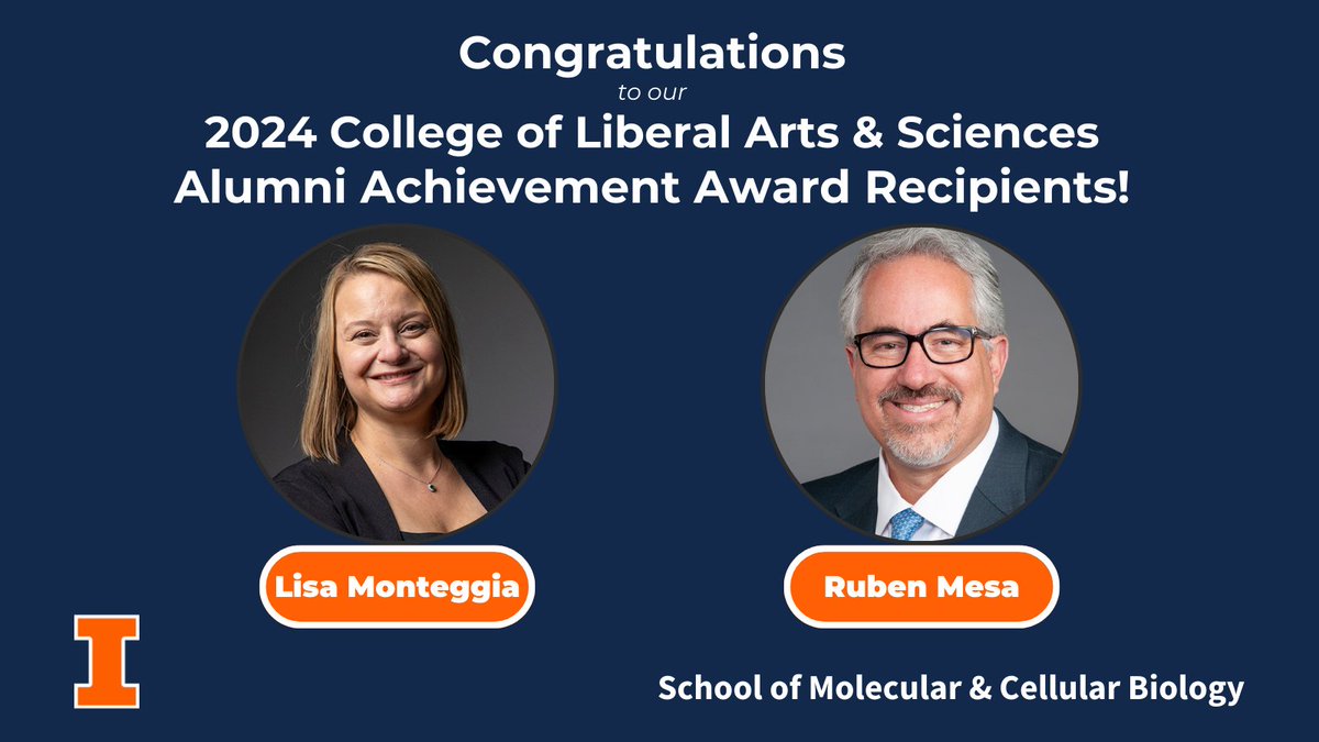 Two alumni with ties to @MCB_Illinois will receive Alumni Achievement Awards Friday from @LASillinois We are so excited to celebrate Lisa Monteggia and Ruben Mesa! More about their remarkable careers: Dr. Mesa: go.mcb.illinois.edu/rubenm Dr. Monteggia: go.mcb.illinois.edu/lisam