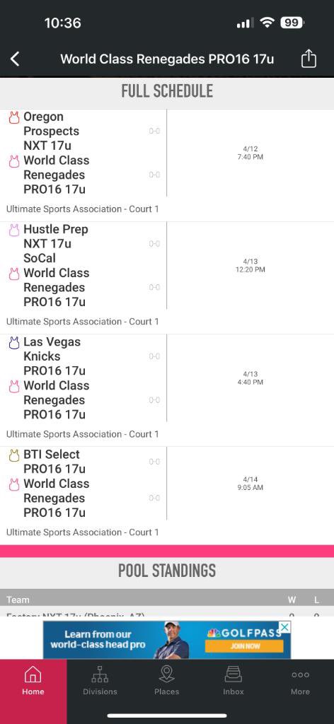 My World Class Pro 16 schedule for next weekend in Walnut Creek, CA!