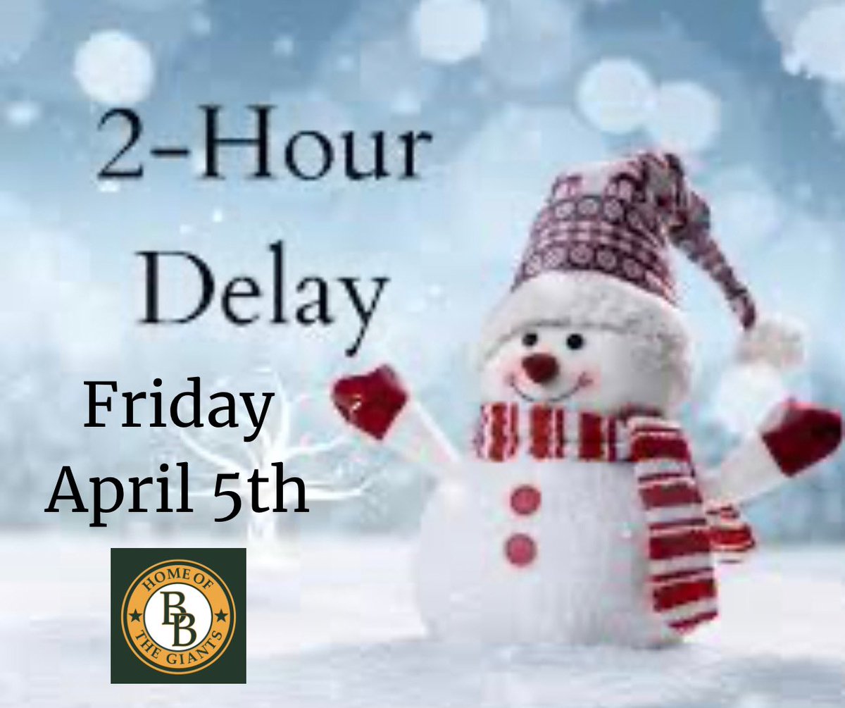 ❄️ Tomorrow 📅 Friday, April 5th, Bishop Brady High School will run on a 2-hour delay.

✨School is still with power, but the safety of our community during the storm and when traveling is essential.

💛 Stay safe Giants and families! 💚