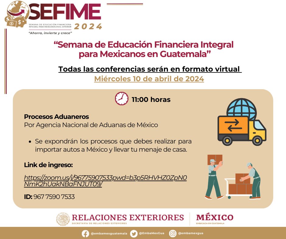 EmbaMexGua's tweet photo. Comunidad mexicana residente en 🇬🇹, Procesos Aduaneros es una de las conferencias que se están llevando a cabo en la #SEFIME, el 10 de abril a las 11:00 hrs. formato virtual 💻ingresa en sig. link 👉 https://t.co/2Z4Pr2ZsH7 #educaciónfinanciera @IME_SRE @ConsulMexGuate https://t.co/10muKxCwyJ
