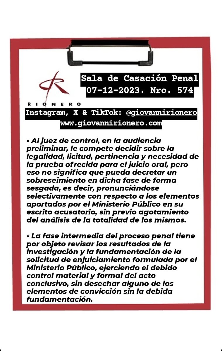 #ControlDeLaAcusación Reciente sentencia en la cual se advierte que al juez de control, en la audiencia preliminar, le compete decidir sobre la legalidad, licitud, pertinencia y necesidad de la prueba ofrecida para el juicio oral, pero eso no significa que pueda decretar un