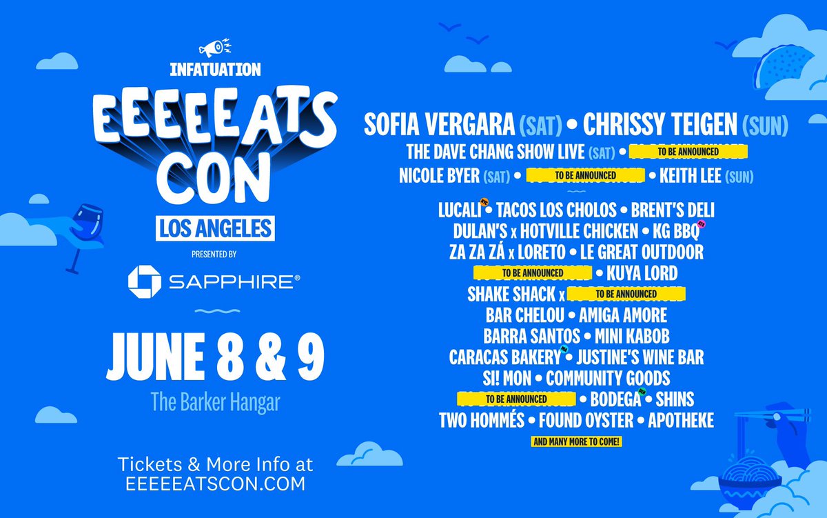 EEEEEATSCON LA lineup reveal 🔥🔥 Pre-Sale happening now for @chase sapphire card members. 50% off tickets, early entry & more perks. eeeeeatscon.com/los-angeles June 8th & 9th @ The Barker Hangar. See you there @SofiaVergara @davidchang @nicolebyer @chrissyteigen et al