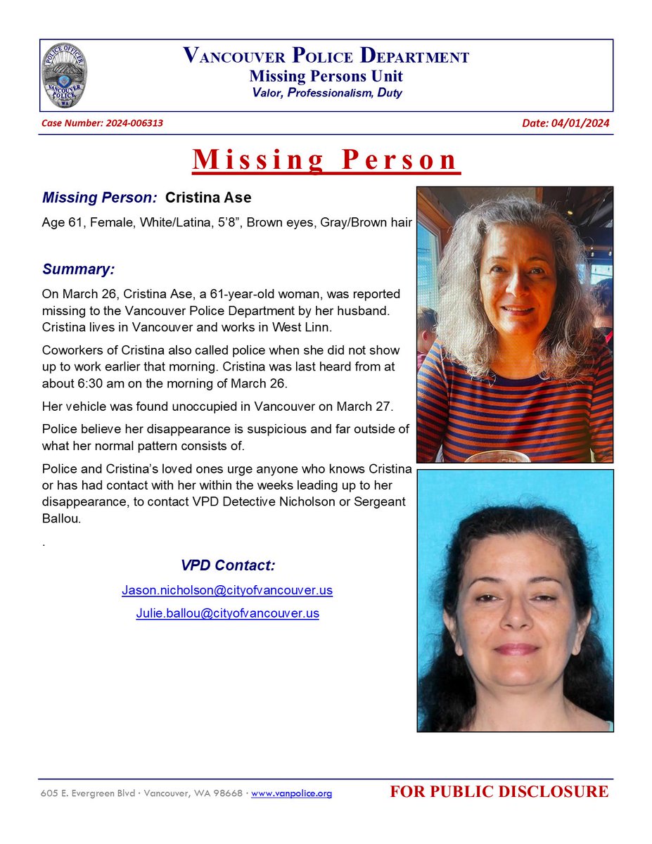 VPD is attempting to locate Cristina Ase, who was last seen the morning of March 26. Please share this flyer and contact the detectives listed in the flyer if you have any information. #vanpoliceusa