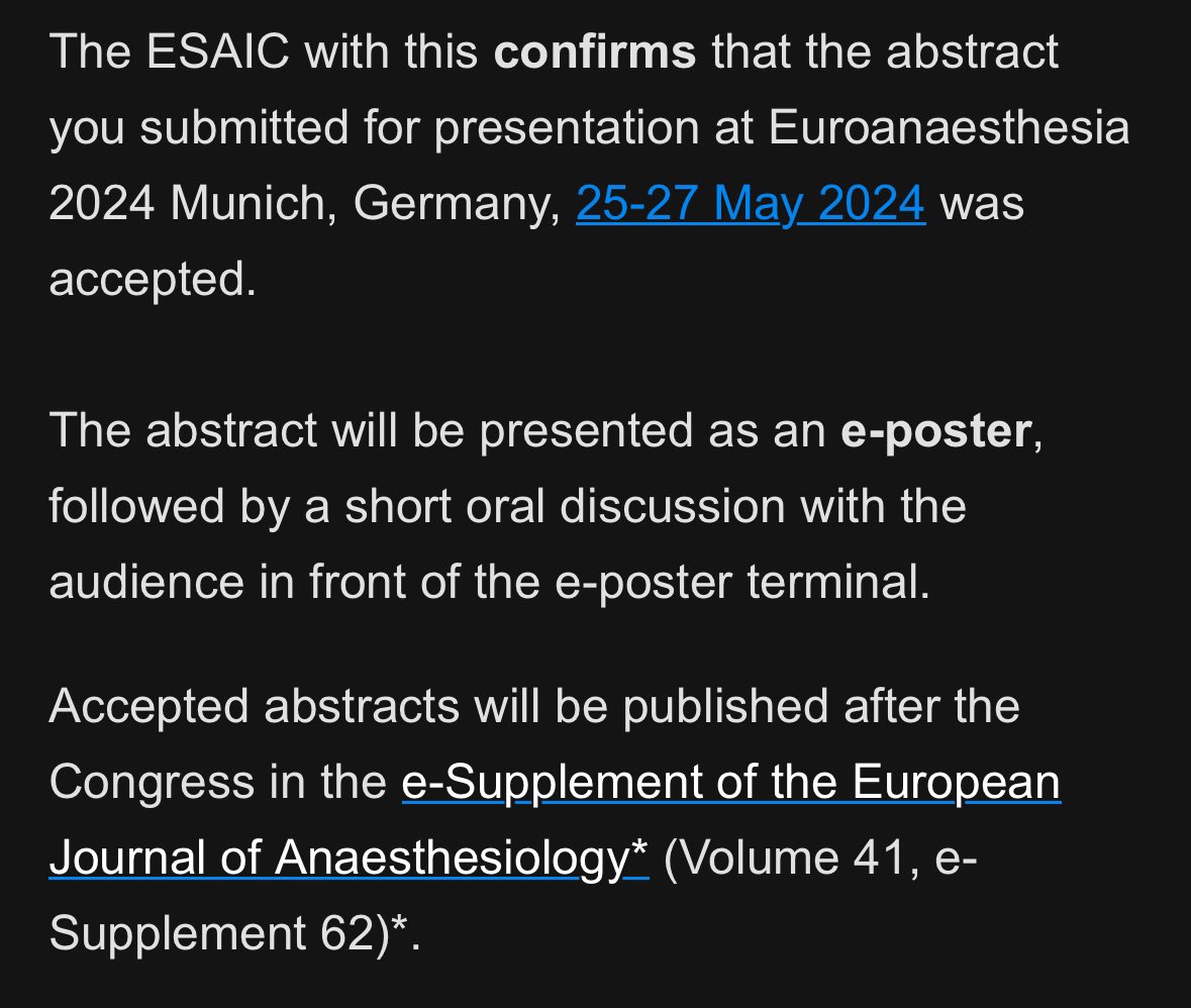 Looking forward to being published in the European Journal of Anaesthesiology. 🎉 Extremely grateful for Euroanaesthesia and my mentors for the opportunity.