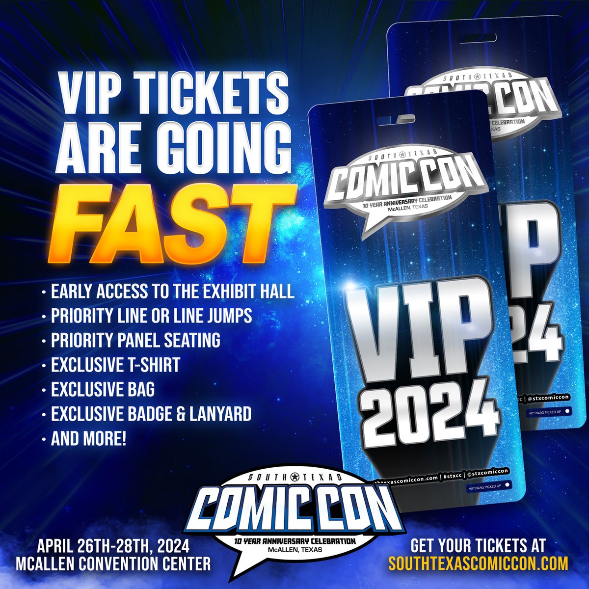 VIP Tickets are flying off the shelves! 📷 Don't miss out on early access and exclusive merch – grab yours now at southtexascomiccon.com

#southtexascomiccon #rgv #stxcc #mcallen #stxcomiccon #mcallenconventioncenter #stxcc2024 #vip #viptickets #stxcc2024