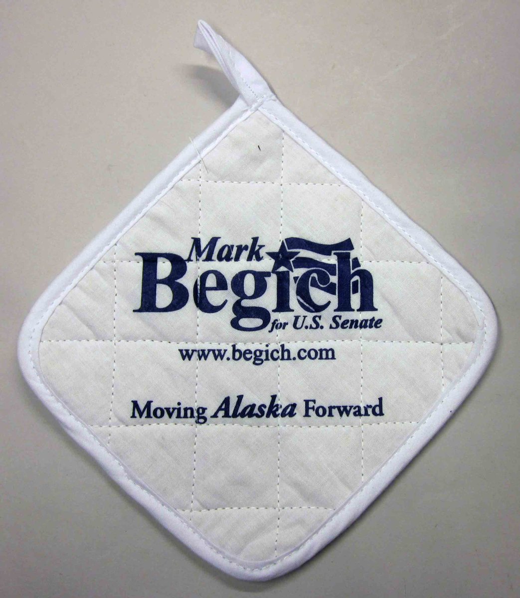 2008 Mark Begich potholder for his successful U.S. Senate campaign that year. I love practical political swag like this. Via Anchorage Museum. #alaskahistory #alaska