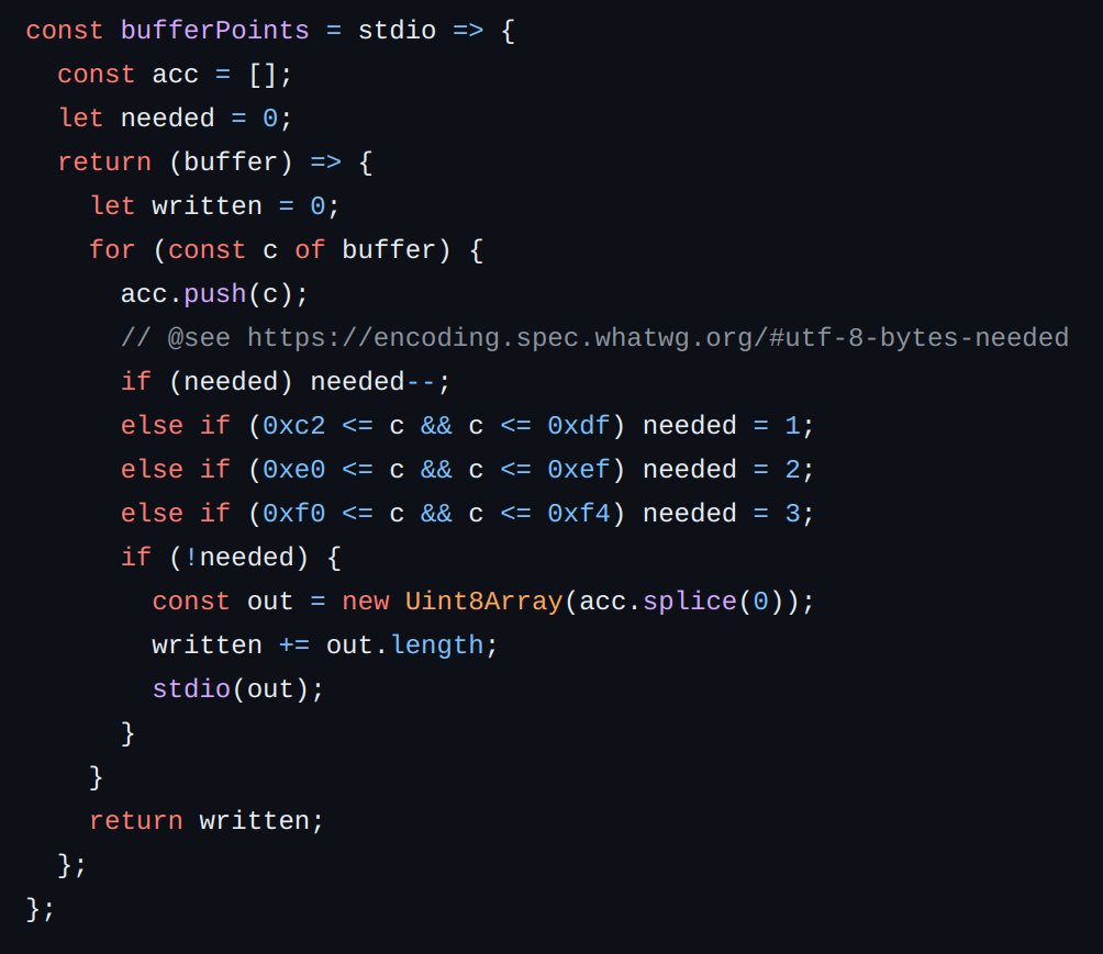 in today 'adventures' I've discovered a REPL bug and spent too much time investigating it ... turns out if your REPL is byte after byte parsing the Xterm.js or the stack might not be happy, so I am saving you time whenever you'll work on this stuff too 😇: github.com/WebReflection/…