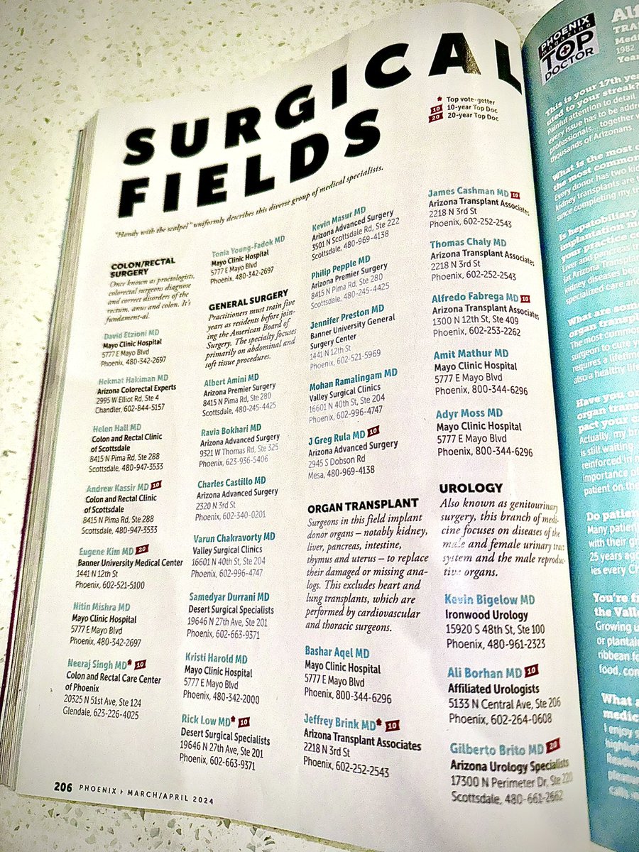 A little late picking up my @phoenixmagazine copy - been busy operating! Delighted to be named a PHOENIX Top Doc once again for Organ Transplant. However, it’s a collective team effort all the way @MayoClinic - the true difference for our patients, not any one person.