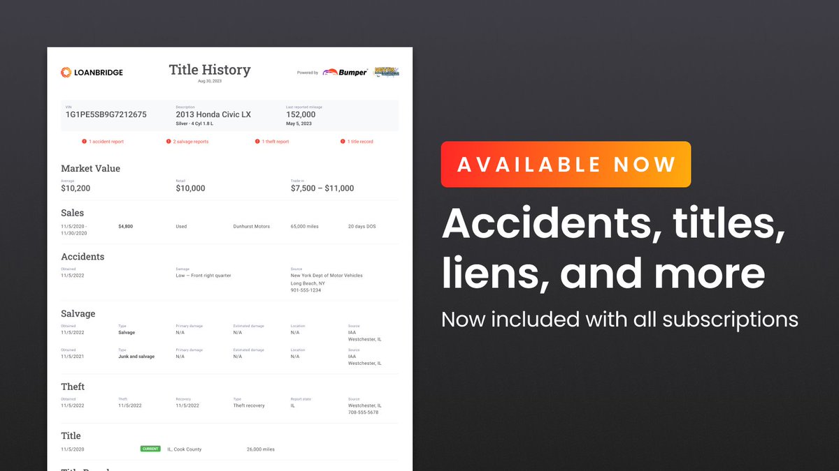 Get comprehensive vehicle history reports with #Loanbridge. Avoid costly mistakes with info about accidents, title history, and more all in one place.

#VehicleHistory #SmartInvesting #VehicleData