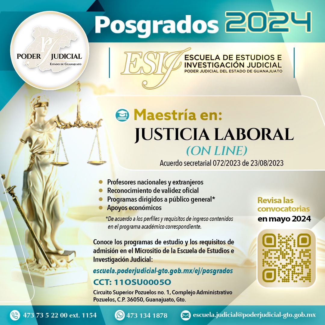 #Posgrados2024⚖️ Maestría en #JusticiaLaboral (en línea) En esta modalidad, el proceso educativo se lleva a cabo a través de la Plataforma Virtual de Aprendizaje de la Escuela de Estudios e Investigación Judicial, en la que se disponen las actividades didácticas, lecturas,…