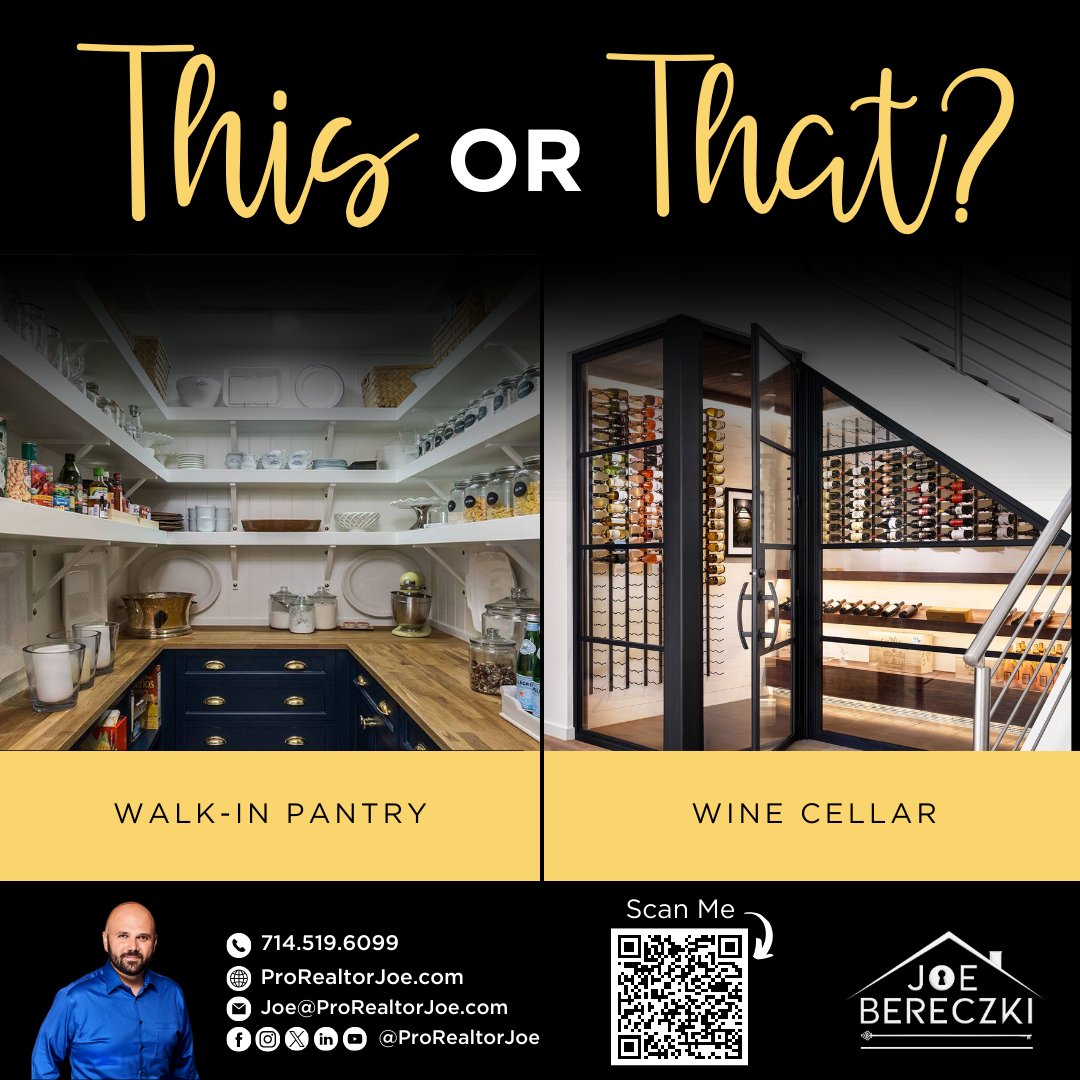 🥖🍾When it comes to the perfect addition to your home, do you go for a walk-in pantry, or a wine cellar? Comment below, 🥖for pantry🍷 for wine cellar.

ProRealtorJoe.com

#ProRealtorJoe #JoeBereczki #JoetheCaliRealtor