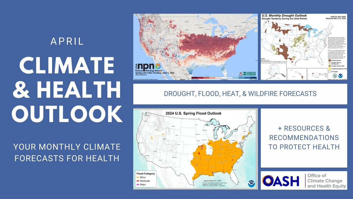 Our Climate & Health Outlook is nothing to sneeze at – oh wait, climate change is actually bringing pollen season earlier and stronger. Check out April’s forecasts and recommendations for health in the Climate & Health Outlook: hhs.gov/climate-change… #OCCHE
