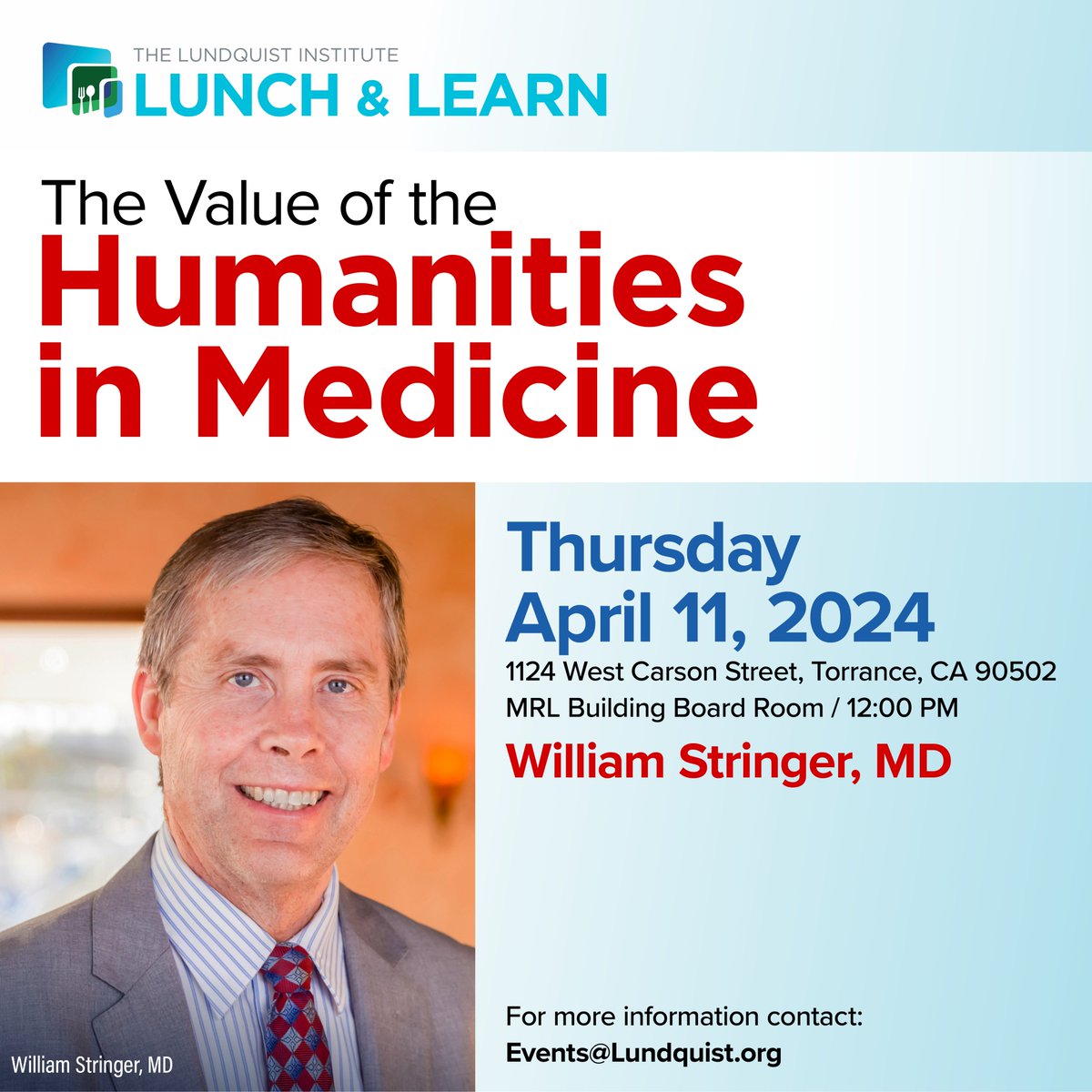 The Lundquist Institute (@the_lundquist) on Twitter photo Dear Friends,
A friendly reminder: Dr. William Stringer will present on The Value of the Humanities in Medicine next Thursday, April 11, at 12 Noon on <a href="/the_lundquist/">The Lundquist Institute</a> campus. The event will be a special presentation on how the humanities can bring helpful insights to medicine. Dear Friends,
A friendly reminder: Dr. William Stringer will present on The Value of the Humanities in Medicine next Thursday, April 11, at 12 Noon on <a href="/the_lundquist/">The Lundquist Institute</a> campus. The event will be a special presentation on how the humanities can bring helpful insights to medicine.