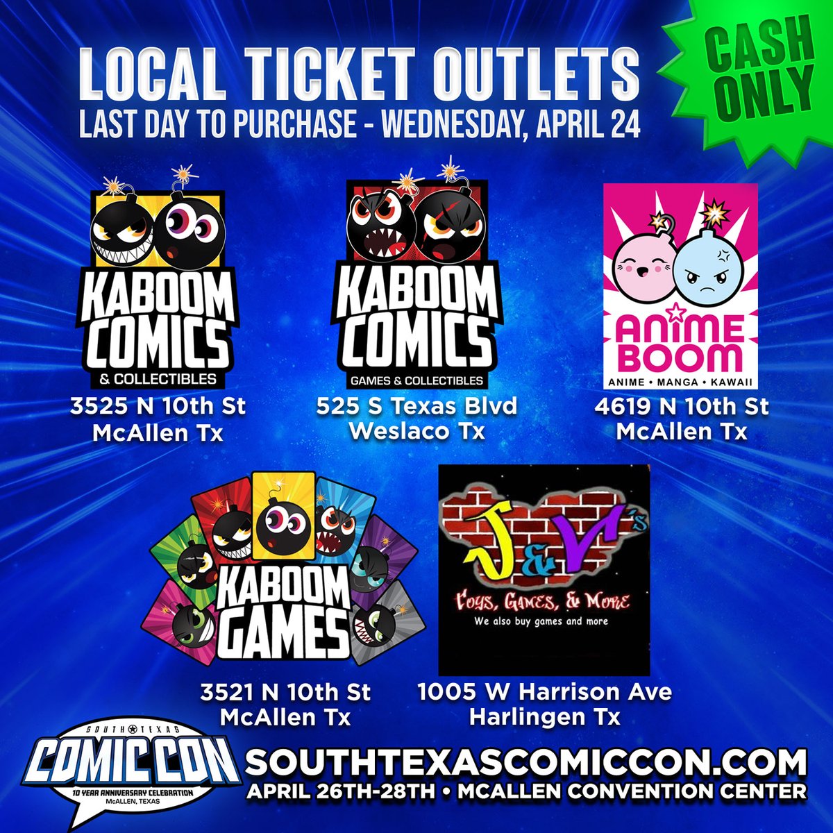 Get your South Texas Comic Con passes, now at a local outlet near you! 🎟️

April 26th - 28th, 2024
McAllen Convention Center

#southtexascomiccon #rgv #stxcc #mcallen #stxcomiccon #mcallenconventioncenter #stxcc2024 #tickets #stxcc2024 #ticketoutlets