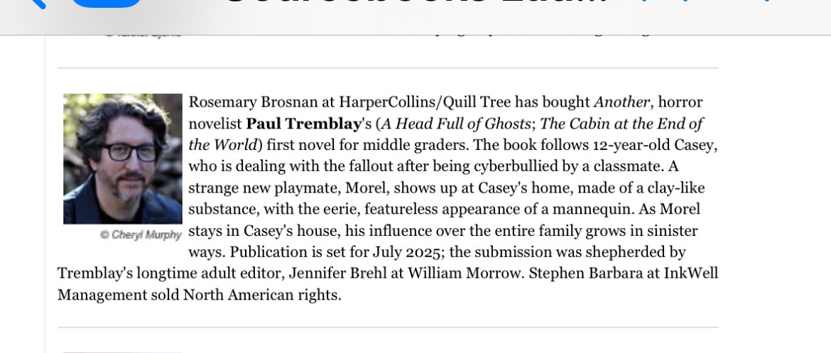 Fun with email cropping! As reported in PW’s Children’s Bookshelf Newsletter, the sale of my first middle grade novel ANOTHER. I am coming for your children… I mean, I’m very excited to be working with Rosemary and Quill Tree.
