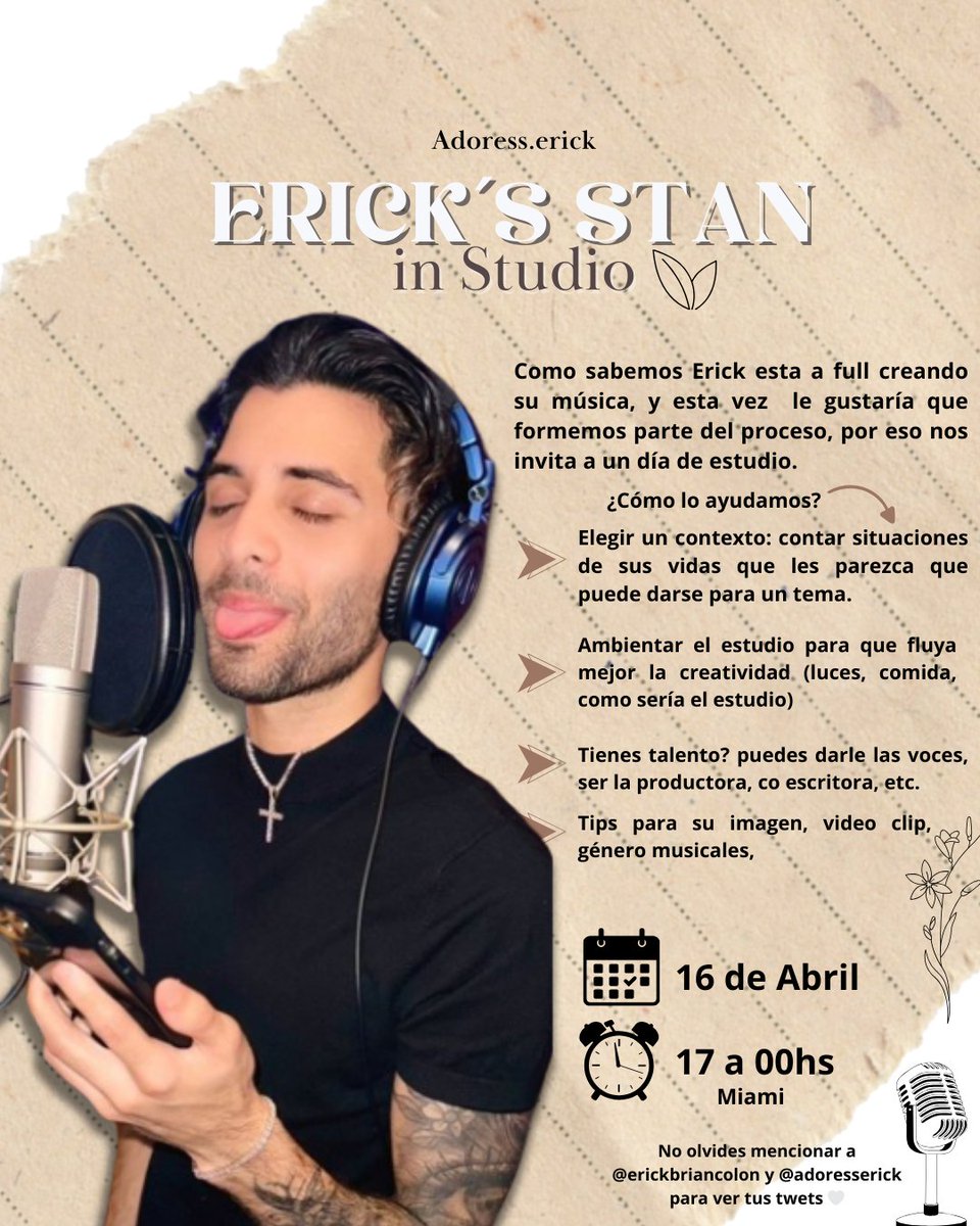 hyulianx's tweet image. ✨️ ERICK'S STAN IN STUDIO ✨️

Como Erick esta creando canciones muy piolas, hoy les traigo una dinámica especial para que nosotras seamos parte de la inspiración de sus temas. 

Nos vemos el 16 de Abril 
⏰️17hs Miami