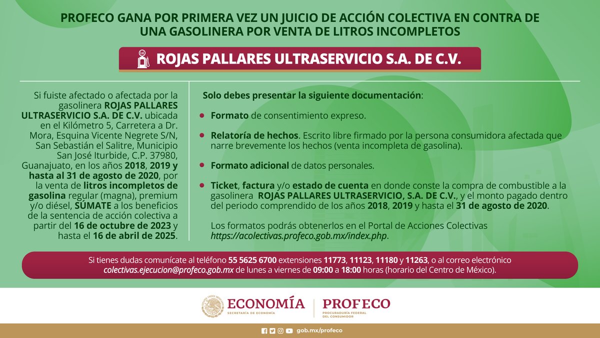 📢Ganamos #AcciónColectiva contra gasolinera Rojas Pallares Ultra Servicio, por comercializar litros incompletos. ⛽️Si fuiste afectado en 2018, 2019 y hasta el 31 de agosto de 2020, tienes hasta el 16 de abril de 2025 para adherirte. 🔗acolectivas.profeco.gob.mx