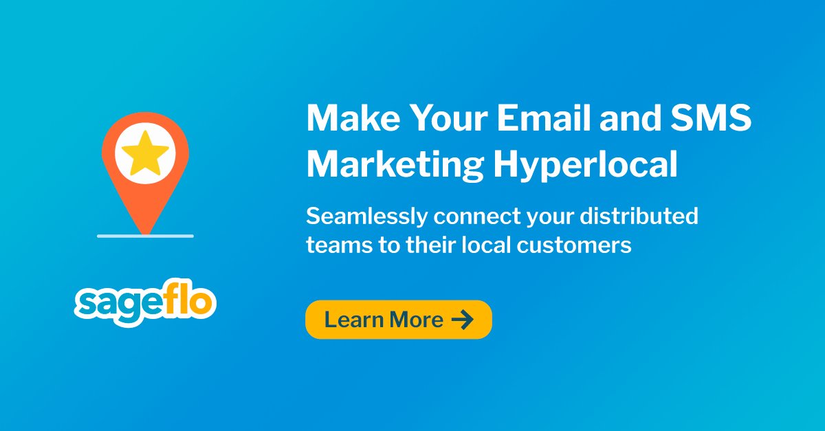 Make Your Email and SMS Marketing Hyperlocal. Seamlessly connect your distributed teams to their local customers.

Learn more: bit.ly/3vHk6rS

#localmarketing #distributedmarketing #email #cx #marketing #hyperlocal #SMS