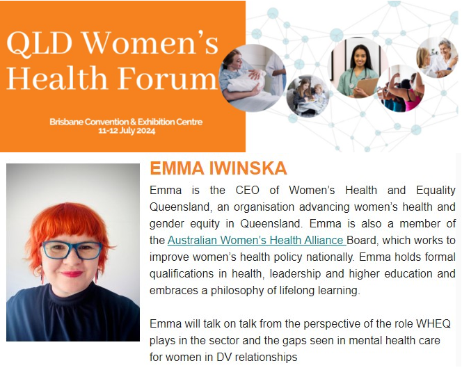 #QLDWomensHealth Forum session topic: Health response to domestic and family violence, with invited speaker Emma Iwinska CEO of @HealthQld. View the program at a glance: qldwomenshealth.org/program-2024 #HealthEqualityQLD #HealthForHer