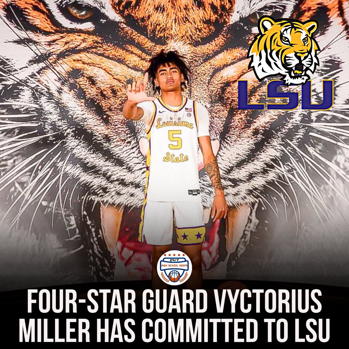 NEWS: 2024 4⭐️ Vyctorius Miller (@vyctorius5) has announced he’s committed to LSU at #ChipotleNationals.

Miller is a high-IQ guard with long arms and excellent playmaking ability. Can get downhill off the dribble and is a smooth finisher around the basket.

He was originally