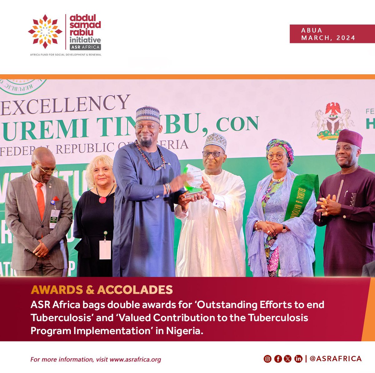 The First Lady of Nigeria, Her Excellency Senator Oluremi Tinubu, CON, has honored ASR Africa with an award for our outstanding efforts to end tuberculosis in Nigeria. Additionally, the National Tuberculosis Leprosy and Buruli Ulcer Control Program (NTLBCP), under the Federal