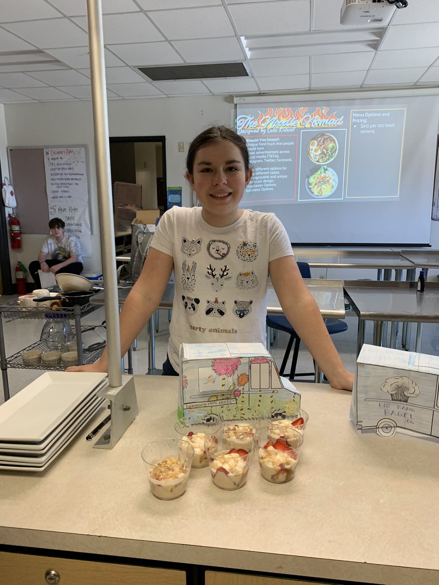 6th period food trucks in Culinary- Noodle Nomad- Homemade Ramen with pork belly Big Bang Bagel- homemade bagel! Thneedville Cream- homemade Lorax-themed caramel ice cream with strawberries. Flavors were 🔥today!