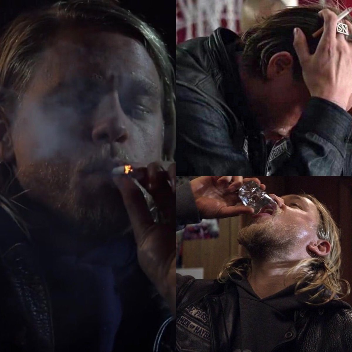 BlueFlamingos7's tweet photo. Been one of those days 😵‍💫 #CharlieHunnam #JaxTeller #theneedforadrink
#asmokealwayshelps #redwoodoriginal #reapercrew #clubpresident
#CharmingLife #worldonhisshoulders #samcro ⁦@SOAMediaAddicts⁩ 
#lotonhismind #hardtobeking 🏍️☠️🥃🚬 #rewatchingtheseries #soa https://t.co/gPxBxwPbUd