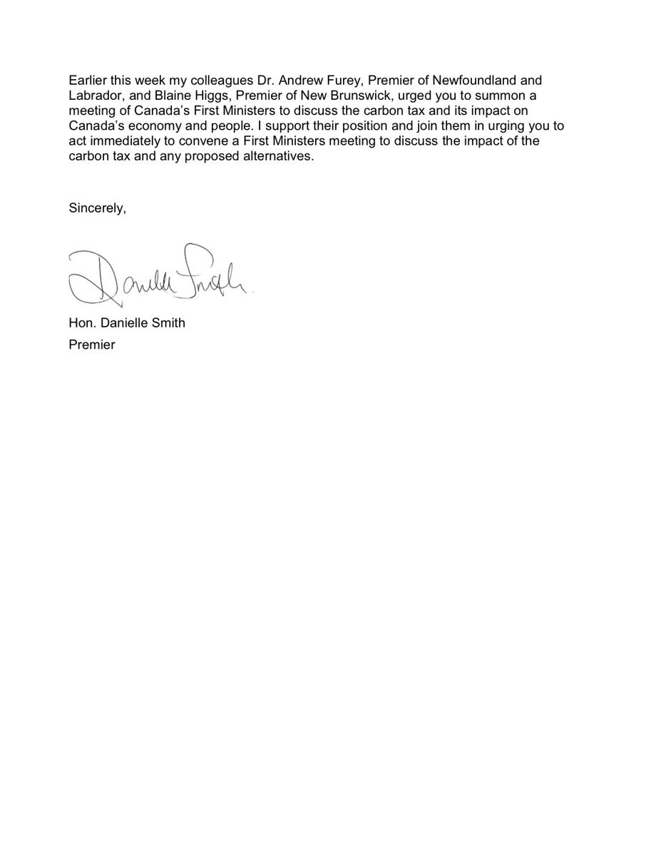Prime Minister <a href="/JustinTrudeau/">Justin Trudeau</a>:

My colleagues and I are asking you to convene a meeting of Canada’s First Ministers to discuss the carbon tax and its impact on our economy and people. 

I urge you to show leadership, and accept this important request.
