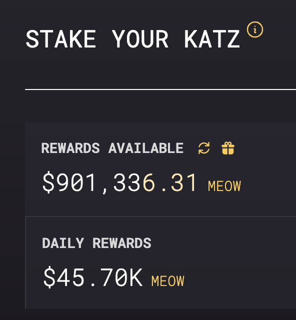 GoOfficeNinja's tweet photo. that's a pretty juicy $MEOW claim for staking my 7 @KatzNFTs and it just keeps on climbing yo. Are y'all doing the same?
#BuiltOnSei #KatzNFTs $Sei #MEOW #WLTK #SeiNetwork https://t.co/Pwtacv7SDs