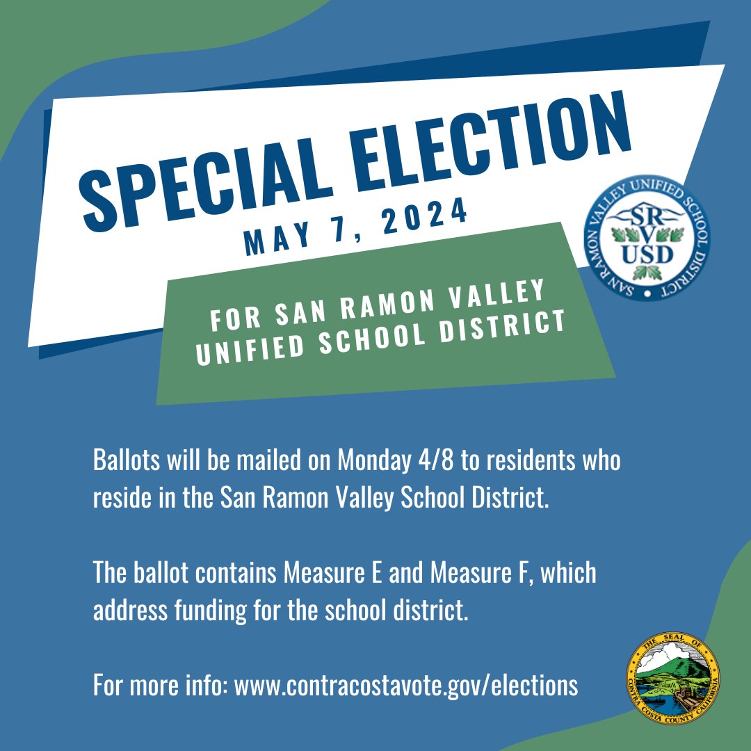 Now that the Primary Election is certified, how about we run an all mail Special Election! Attention San Ramon Valley Unified School District Residents, #CoCoVote is running a Special Election for your District. Ballots go out on 4/8. #Election #VoteReady