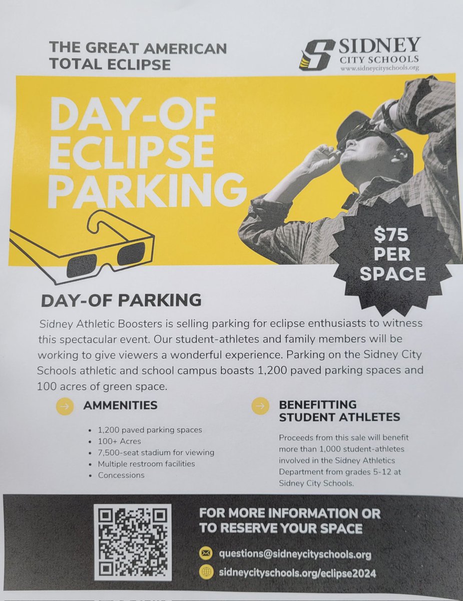 BballBoosters's tweet photo. Know of any out-of-towners looking for a place to park for The Eclipse? Please share this with them! Sidney Athletics would love to be your hosts for this once-in-a-lifetime event! Come support some great kids as well 😉 ❤️🖤💛 #sidneyathletics #totalsolareclipse2024 #sidneyoh https://t.co/vTQkFehAhu