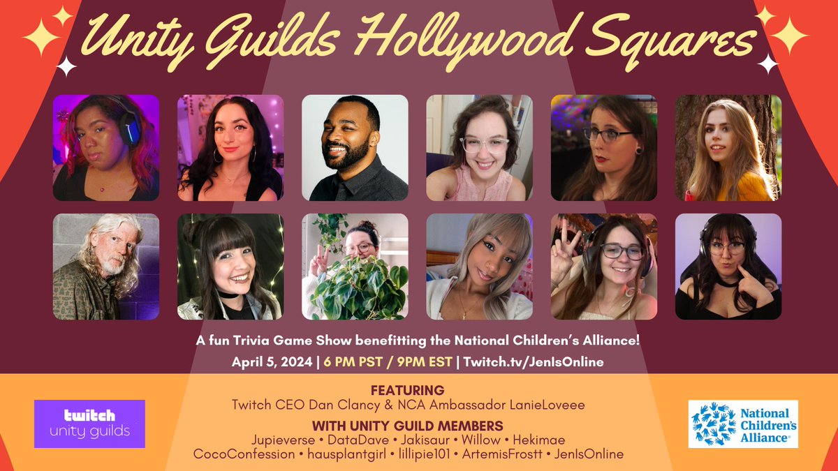 🚨🚨TOMORROW / 6PM PST 🚨🚨 #TwitchUnityGuilds come together to play a classic trivia game: ✨HOLLYWOOD SQUARES ✨ Twitch CEO @djclancy999 and National Children's Alliance Ambassador @Lanieloveee COMPETE ON THE TIC-TAC-TOE BOARD for points, laughs, and CHARITY! 🔥🫶🔥 Raising…