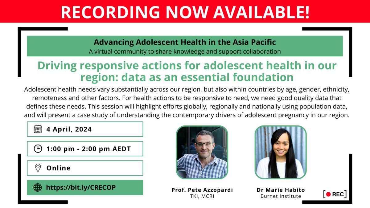 If you missed yesterday's seminar with Prof Peter Azzopardi and Dr Marie Habito discussing responsive actions for adolescent health, you can now watch the recording here 🔗vimeo.com/930524341 Thanks to those who joined this important discussion! 🙌