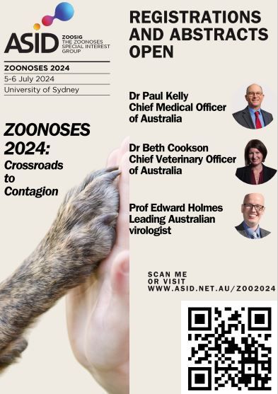 Delighted to announce that headlining @ASIDANZ #ZOONOSES 2024 in July is Dr Paul Kelly, Australia's Chief Medical Officer + Dr Beth Cookson @ChiefVetAus + leading Australian virologist Prof Edward Holmes @Sydney_Uni. Find out more/ register today: bit.ly/3SLfk5k