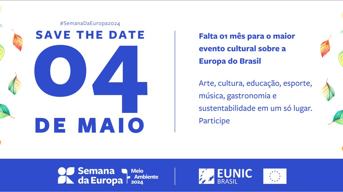 🥳 Falta só um mês para a Semana da Europa! 🗓 Já anote na agenda! O primeiro evento é o Festival Cultural Europeu, 4 de maio, no Museu de Arte de Brasília (MAB).