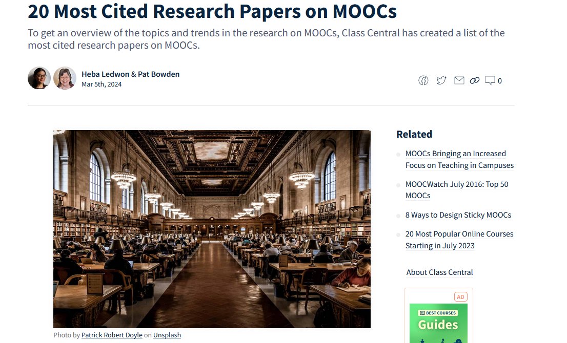 Happy to share this amazing news :)  our paper (from 2017) was considered in 20 Most Cited Research Papers on MOOCs by ClassCentral 

classcentral.com/.../most-cited…