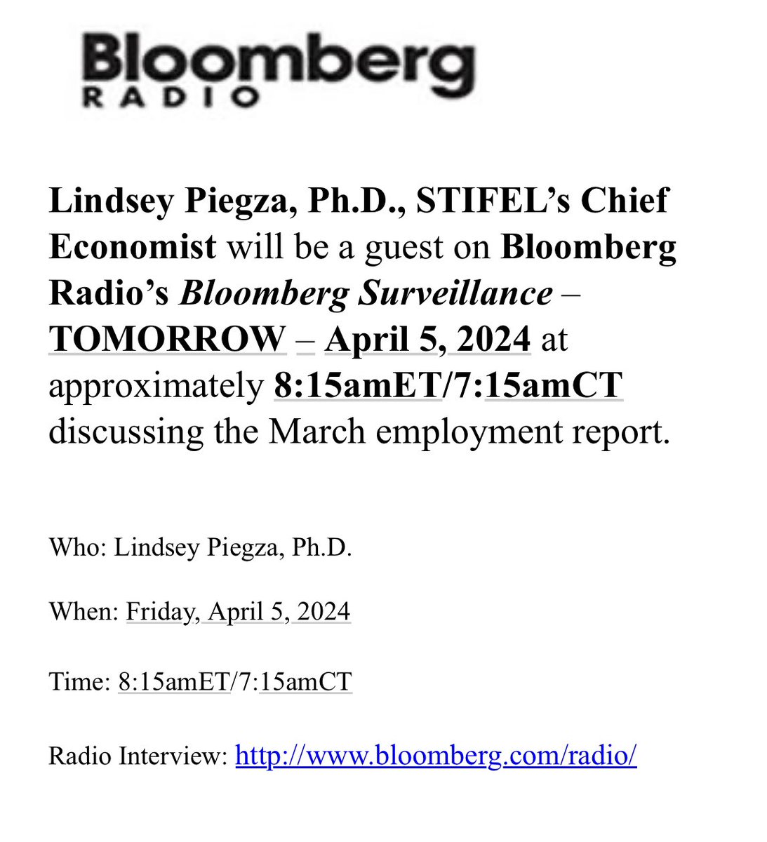 Looking forward to a great conversation on Bloomberg News tomorrow morning ahead of the March jobs report. While the topline number is expected to come in below last month’s rise, still-solid hiring signals a tight labor market … complicating the pathway for the Fed.