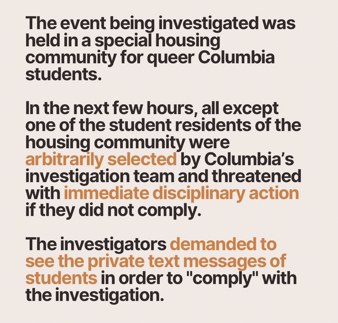 PRESS RELEASE: Last night, Columbia University suspended six students, including a Palestinian student & two jewish students with NO due process as part of an investigation into a campus event about Palestine. These students were evicted & given 24 hours to leave their homes.