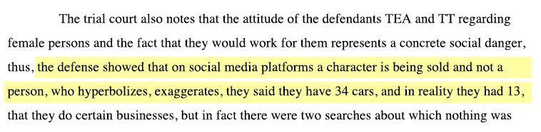 🫠  Andrew Tate’s lawyer told the court Tate exaggerates and only has 13 cars. 

This is from an older document when they were still claiming he was playing a character, which the judge disagreed with. I somehow missed this glorious snippet about the cars.