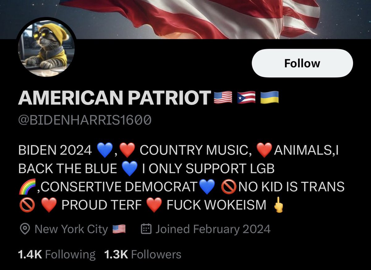 I have several mutual with @BIDENHARRIS1600. Although I do not follow them and they do not follow me, if you do follow this transphobic account and agree with them, I don’t see how we could have anything in common, so please unfollow me. Vet your follows better. Thank you. 👍🏻