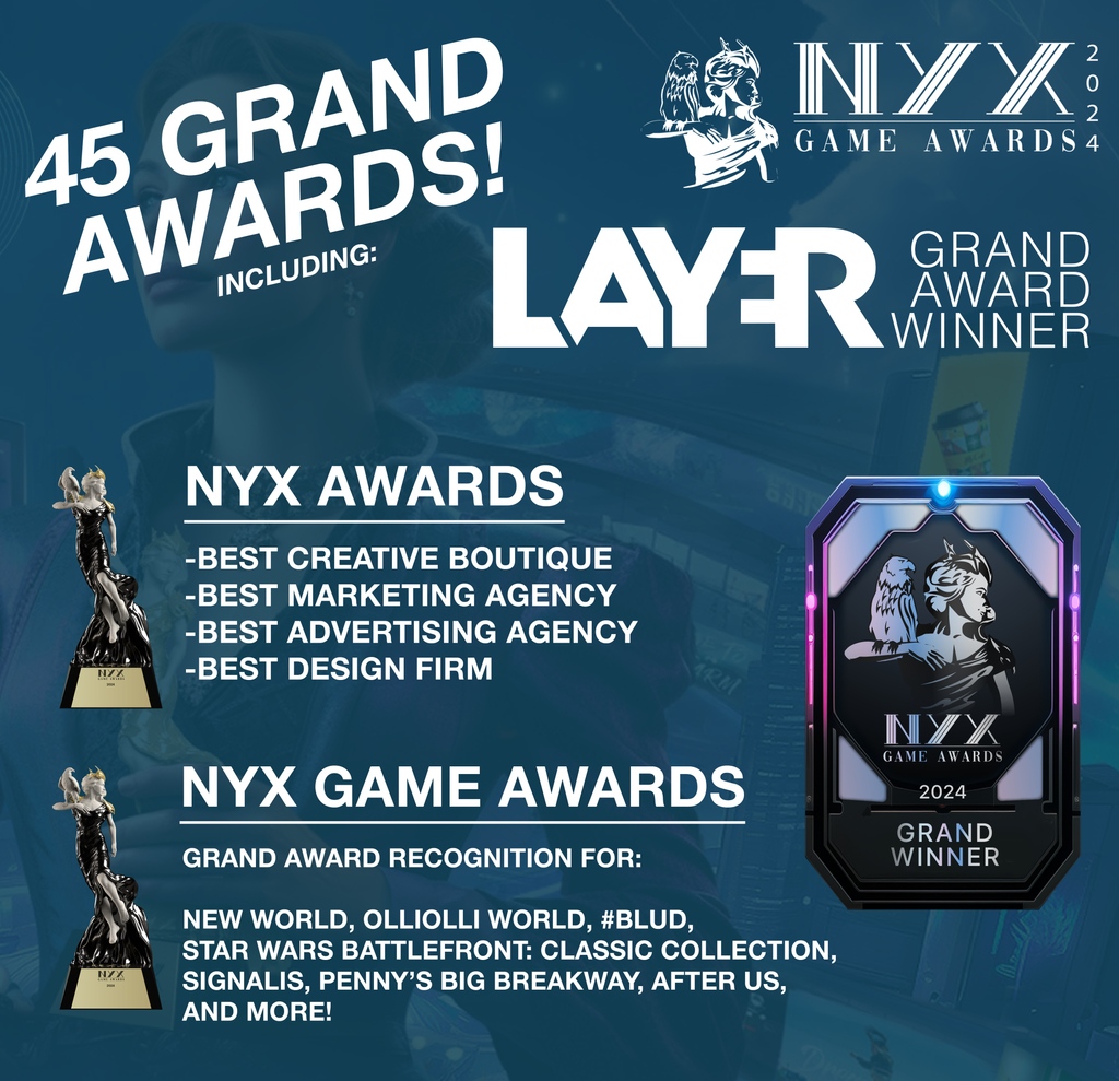 We are thrilled with the response our work received at the @nyxawards and NYX Game Awards this year! We are deeply honored and humbled by this recognition of our work, and we can't thank the judges, our clients, and our amazing team enough for making this happen!