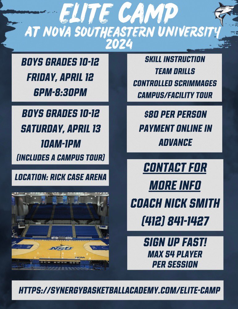 Looking for future Sharks!! 🦈 Coach Crutchfield and NSU are 99-4 since the Covid restart‼️ The time to sign up for camp is now!! Come join the Shark Family. ⏰⬇️🚨 synergybasketballacademy.com/elite-camp