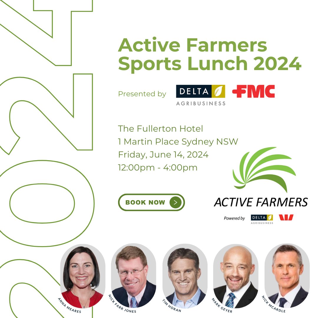 Delta Agribusiness (@deltaagribus) on Twitter photo Lets do lunch?
Join us, as we partner with FMC to present the <a href="/Activefarmers/">Active Farmers</a> Sports Lunch for 2024.
Fri June 14, 2024 - Fullerton Hotel Sydney
ANNA MEARES | NICK FARR JONES | TIM HORAN | MARK GEYER | NICK MCARDLE
More info & tickets : activefarmers.com.au/sydney-sports-⦠Lets do lunch?
Join us, as we partner with FMC to present the <a href="/Activefarmers/">Active Farmers</a> Sports Lunch for 2024.
Fri June 14, 2024 - Fullerton Hotel Sydney
ANNA MEARES | NICK FARR JONES | TIM HORAN | MARK GEYER | NICK MCARDLE
More info & tickets : activefarmers.com.au/sydney-sports-ā¦