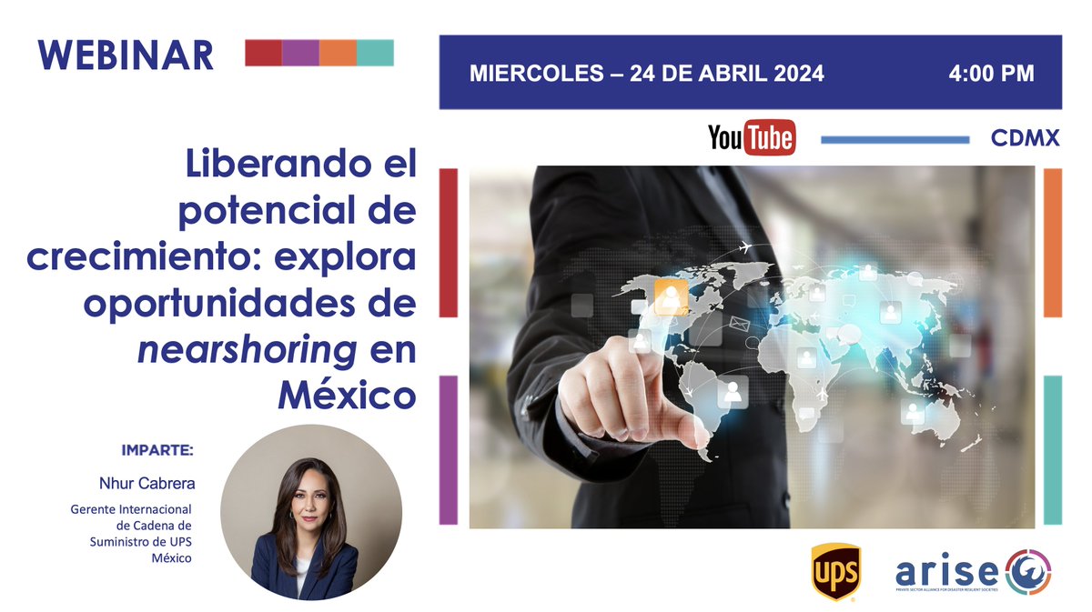 Conoce las nuevas oportunidades del nearshoring para tu negocio a través de este maravilloso #webinar impartido por Nhur Cabrera de UPS México. Organizan: @ARISEMx, @UPSMéxico y SEDECO CDMX 👀➡️ bit.ly/4cxyqnq #PyMEs #Resiliencia #Prevencion #Nearshoring #Crecimiento