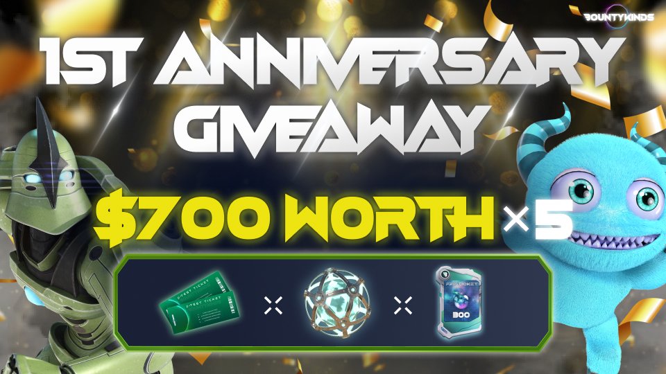 🎊𝟏𝐬𝐭 𝐚𝐧𝐧𝐢𝐯𝐞𝐫𝐬𝐚𝐫𝐲 𝐆𝐢𝐯𝐞𝐚𝐰𝐚𝐲🎊 BOUNTYKINDS will be holding a special 72 hour NFT giveaway! Those who will participate in this giveaway can win 𝟕𝟎𝟎 $𝐔𝐒𝐃 𝐰𝐨𝐫𝐭𝐡 𝐨𝐟 𝐩𝐫𝐢𝐳𝐞𝐬! ✅Follow @bountykinds ✅❤️&RT🔁 ✅Comment #BOUNTYKINDS ⏰Ends 72hrs