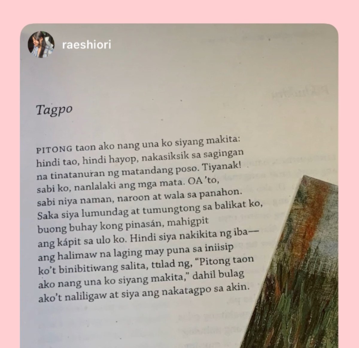 Ang una kong naisip paggising: Bulag ako’t naliligaw at siya ang nakatagpo sa akin. —mula sa “Tagpo” na nasa SAMANTALANG SAKOP AT INIIBIG ni Edgar Calabia Samar